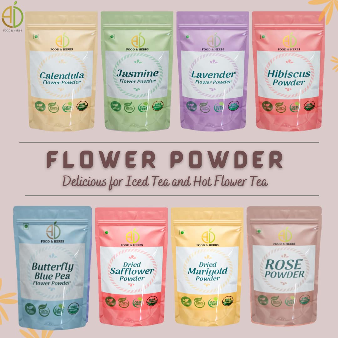 A D Food & Herbs Combo of Jasmine/Safflower/Marigold Flower Powder Aromatic Edible for Homemade Lattes, Tea Blends, Bath Salts, Face packs & Body packs (20 GMS x Pack of 3) 3