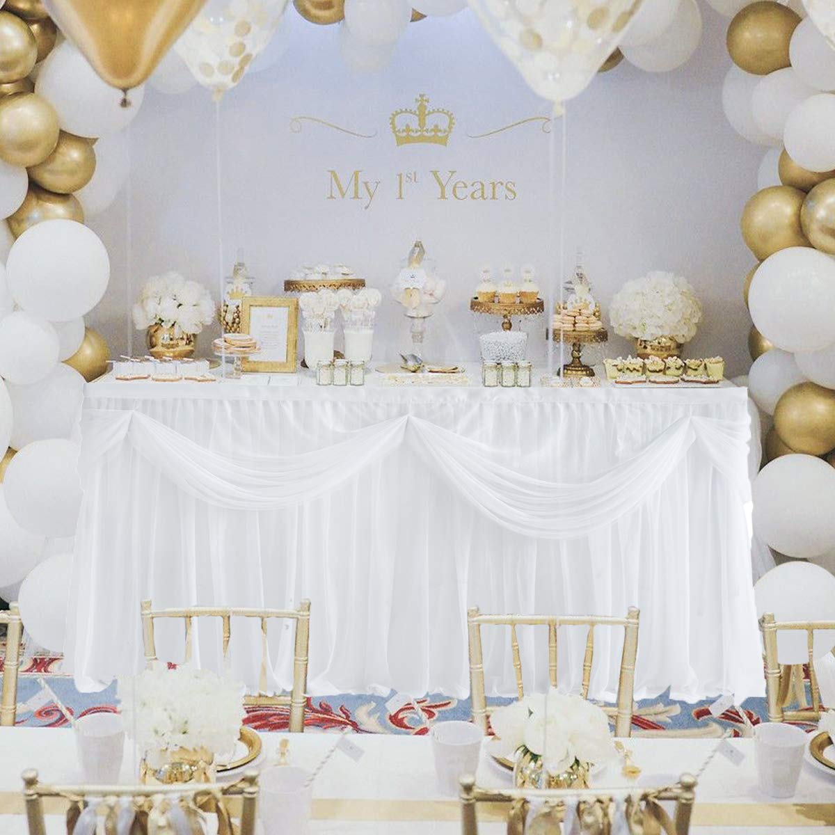 6FT White Tulle Table Skirt Tutu Table Skirting With Satin Double Drape for Rectangle Table or Round Table for Wedding,Birthday Party,Baby Shower (L72inH30in) 1