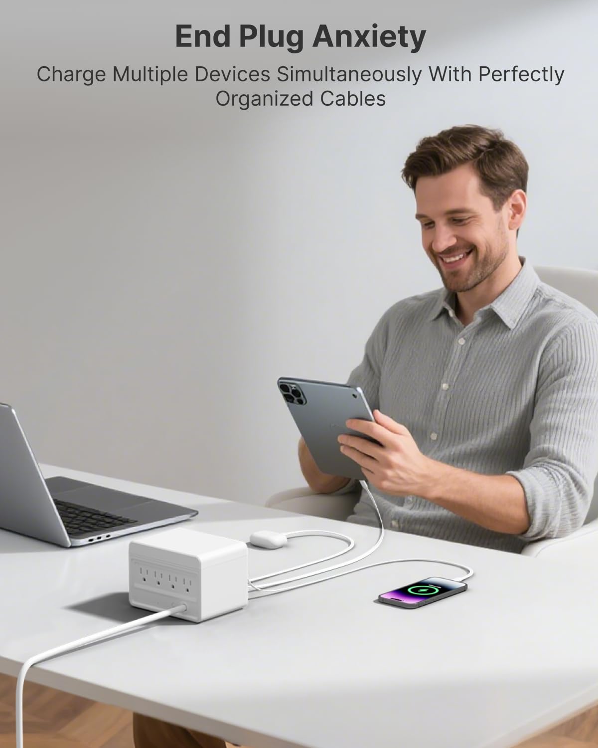 Gitryin 1 Lightning, 3 Type-C Retractable Wall Chargers with 1 USB A Port and 1 Power Strip, 12-in-1 Desktop Charging Station 4