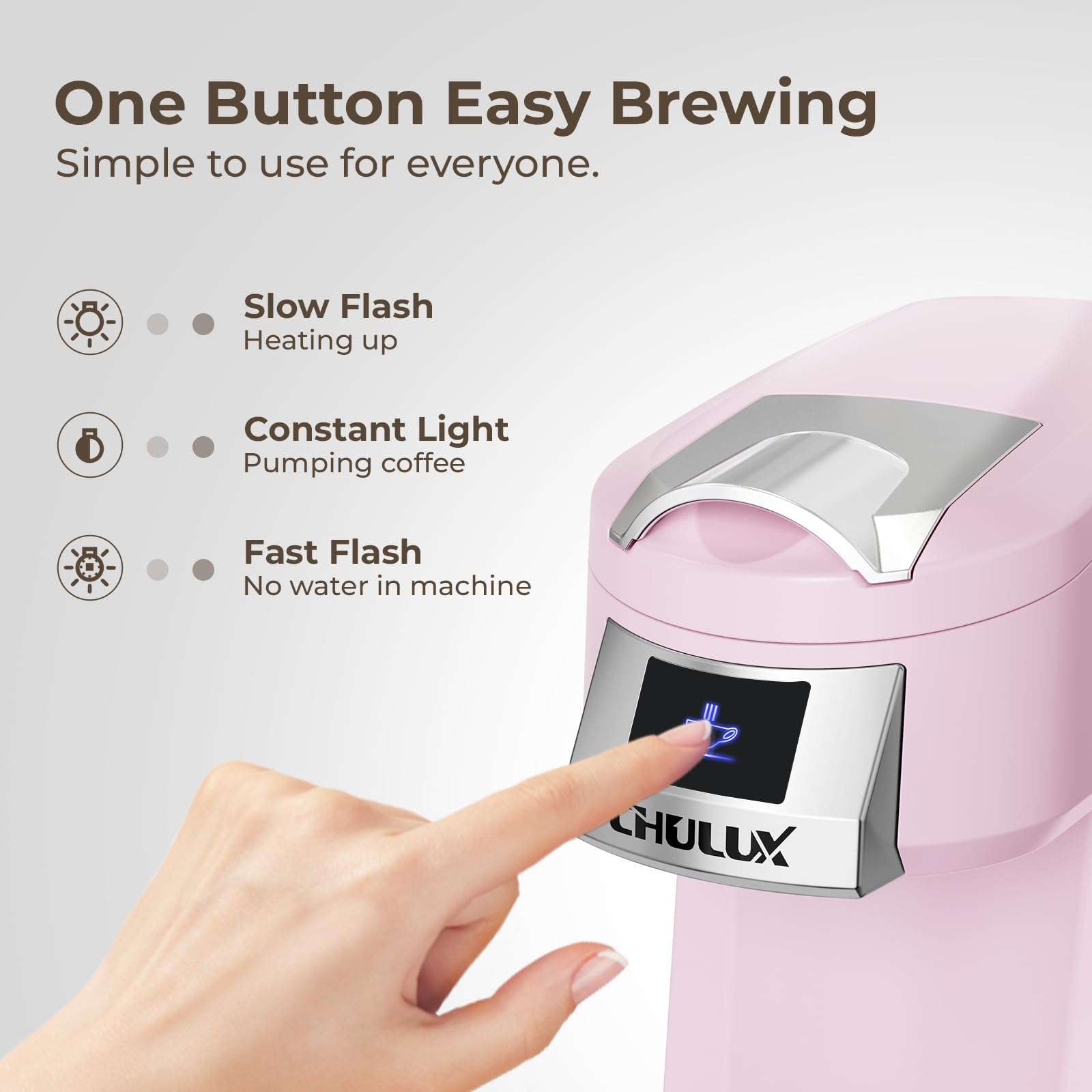 CHULUX Classic Single Serve Coffee Maker for K Cup, One Button Easy Coffee Machine for Office, RV, Travel and Dorm, Pink 4