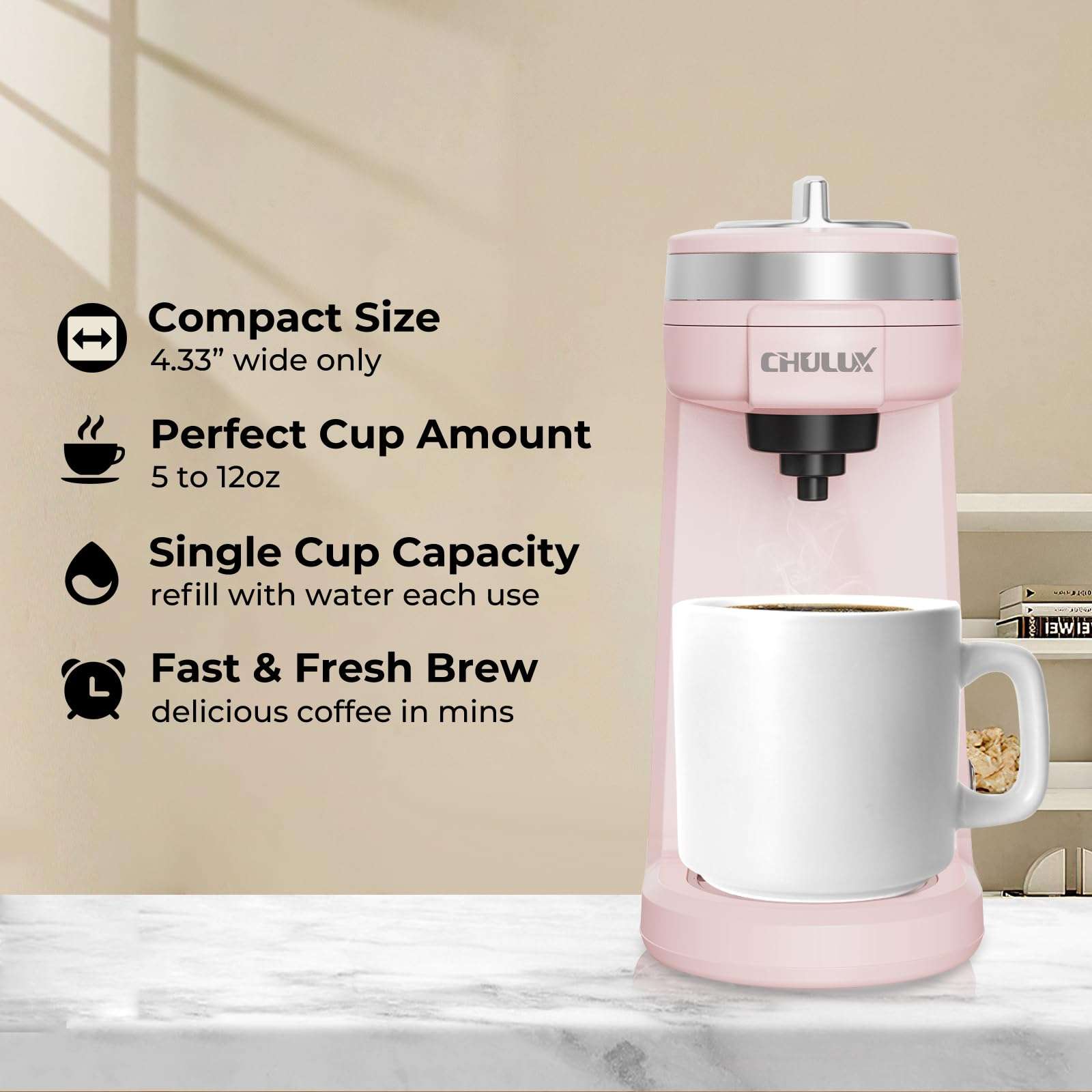 CHULUX 2 in 1 Mini Trip Coffee Maker for K Capsule & Ground Coffee, Single Serve Coffee Maker for One Cup Americano, Lightweight Pod Coffee Machine, Dusty Rose 4