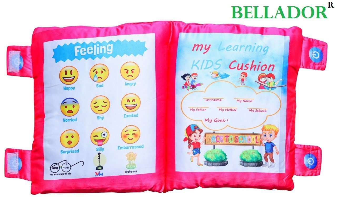 BELLADOR™ Silk Cushion Book Educational Toys for Kids 5 Years | Learning Toys for 3 Year Old | Toys for Learning Pillow Book with English and Hindi Alphabets, Numbers, Animals Names Color (Pink) 5