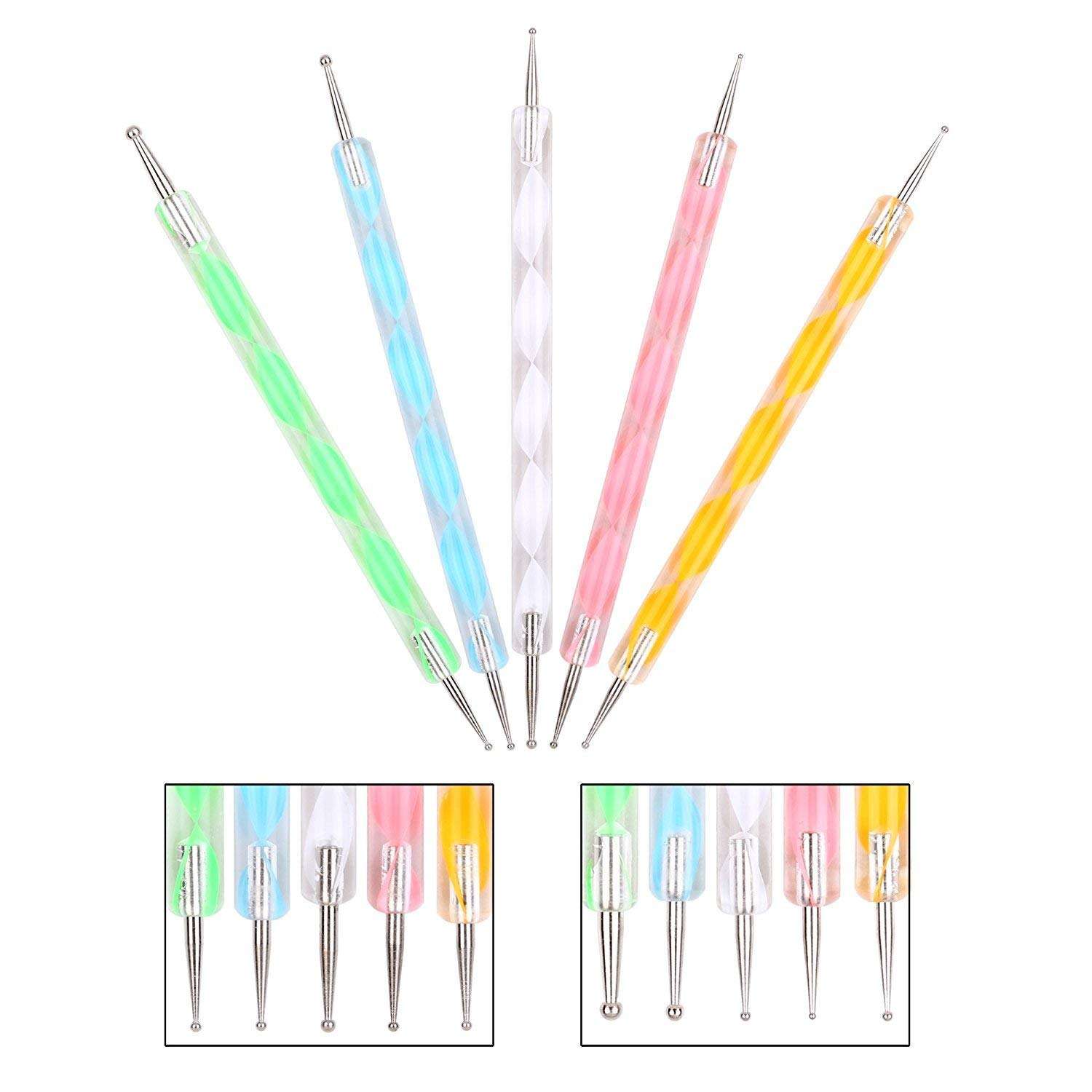 JOTKAPARKASH Nail Brush Set 15 pc , 2 Way Marbleizing Dotting Pen 5 pc, Nail Striping Tape 10 pc , French Manicure Nail Art Tip Guide Sticker 1 pc 5