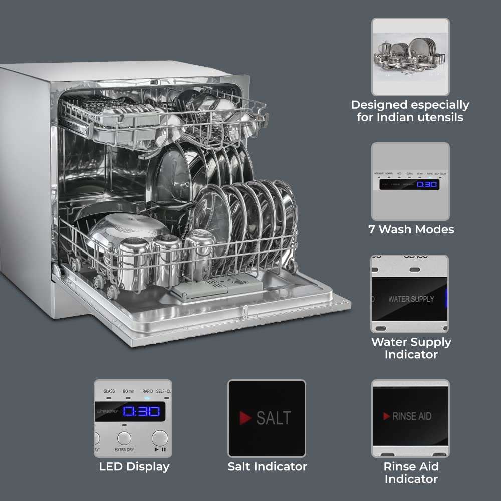 SHARP 8 Place Setting Table-Top Dishwasher (Self-Clean Mode, 4-Step Wash Cycles, Extra Dry Feature, LED Digital Display, Chrome Handle) 4