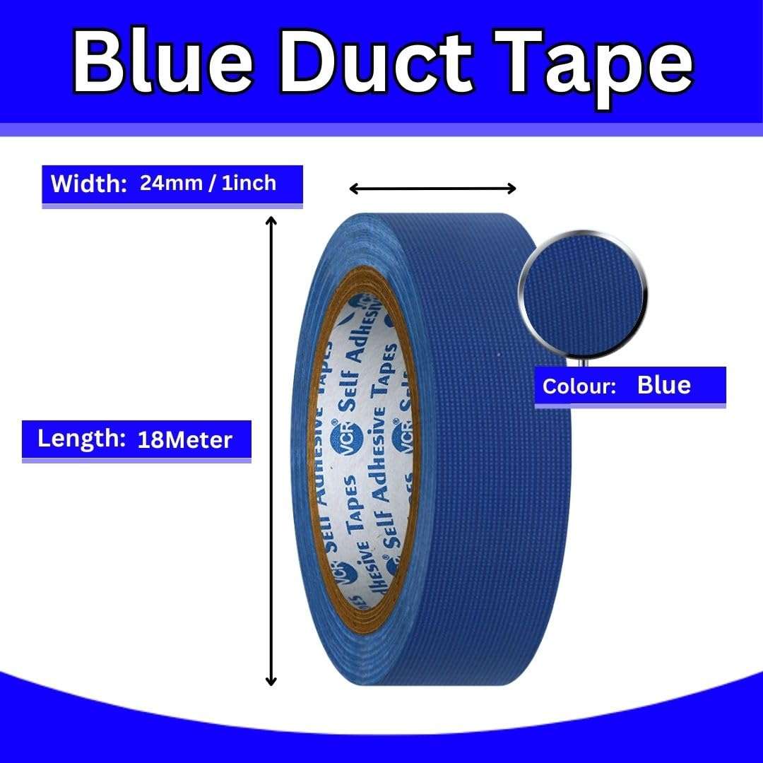 VCR Blue Duct Tape - 18 Meters in Length 24mm / 1" Width - 6 Rolls Per Pack - Strong Book Binding Tape - Waterproof Heavy Duty Duct Tape 6