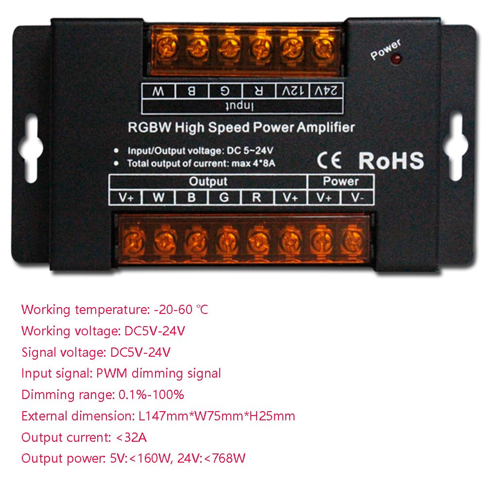RGBW High-Speed Amplifier Repeater, 32A PWM Signal 4CH Channels for 5050 2835 RGBW LED Light Strips, DC5-24V for Long Distance Lighting Projects 3