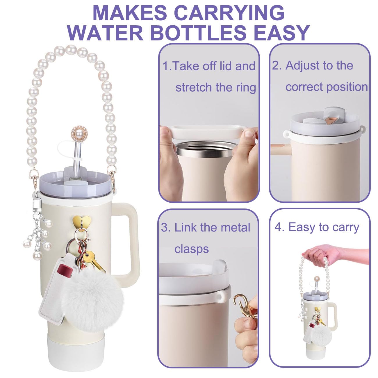 Accessories Set for Stanley Cup 40oz & 30oz Tumbler, Pearl Water Bottle Handle Strap, Silicone Boot, Straw Topper Cover Cap, Chapstick Holder, Charms, Gifts for Women 8 PCS (White) 4