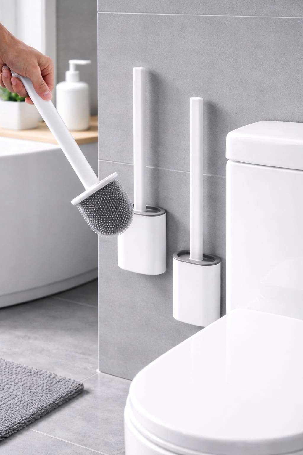 Silicone Toilet Brush with Stand – Pack of 1 | Flexible Non-Scratch Bathroom Cleaning Brush & Holder | Quick-Dry Hygienic Toilet Cleaner for Western Toilets, Durable Soft Bristle Brush Set 3