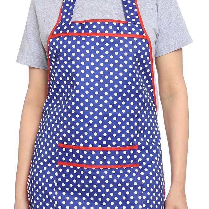 JMi Cotton Waterproof Kitchen Apron for Cooking – Washable Chef Apron for Men & Women | Printed, Polka Dot, Plus Size, Home & Cleaning Apron RED & BLUE (Free, MULTI - 1, 2) 4