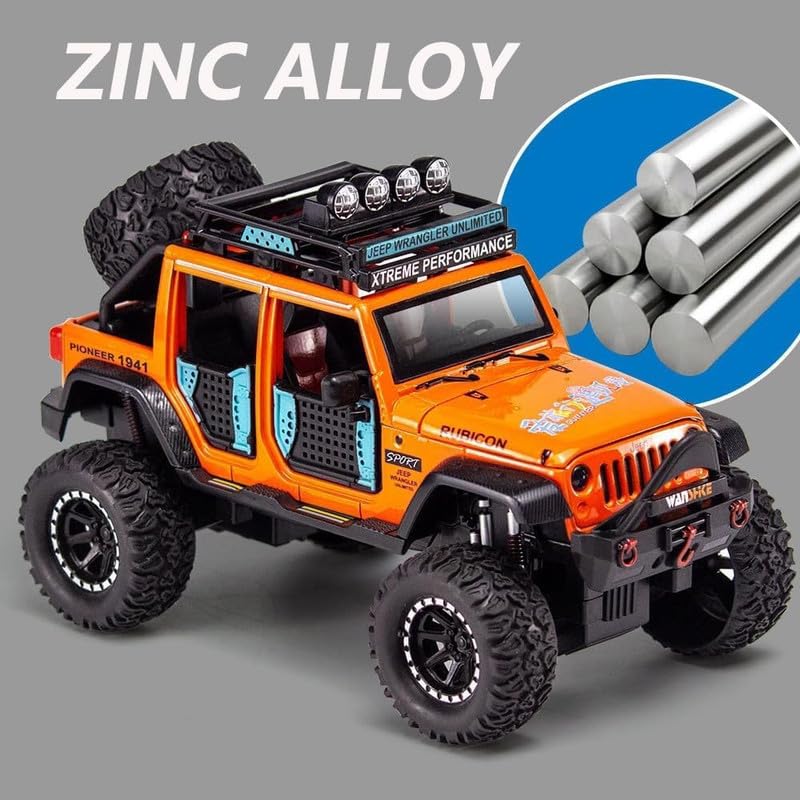 RJKD New 1:24 Jeep Wrangler Rubicon Alloy Die-Cast Metal Car Pull-Back Action with Openable Doors Realistic Sound and Light Effects Car for Kids - Multi 6