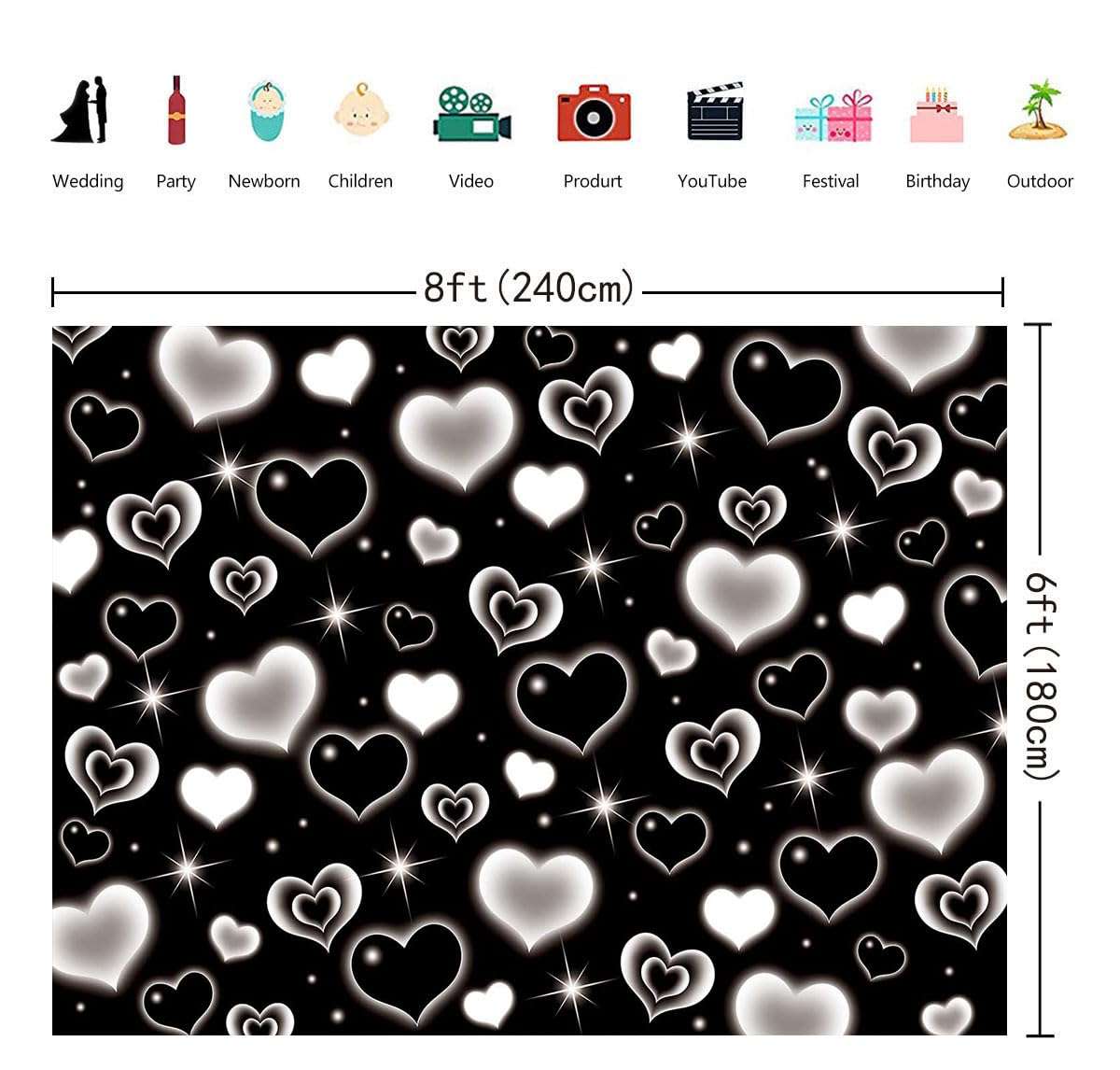 Black Heart 2000s Backdrop Banner Sweet Y2K Photography Background Early 2000s Party Decorations Photo Banner Props Supplies (Black, 8x6FT(2.4m x 1.8m)) 5