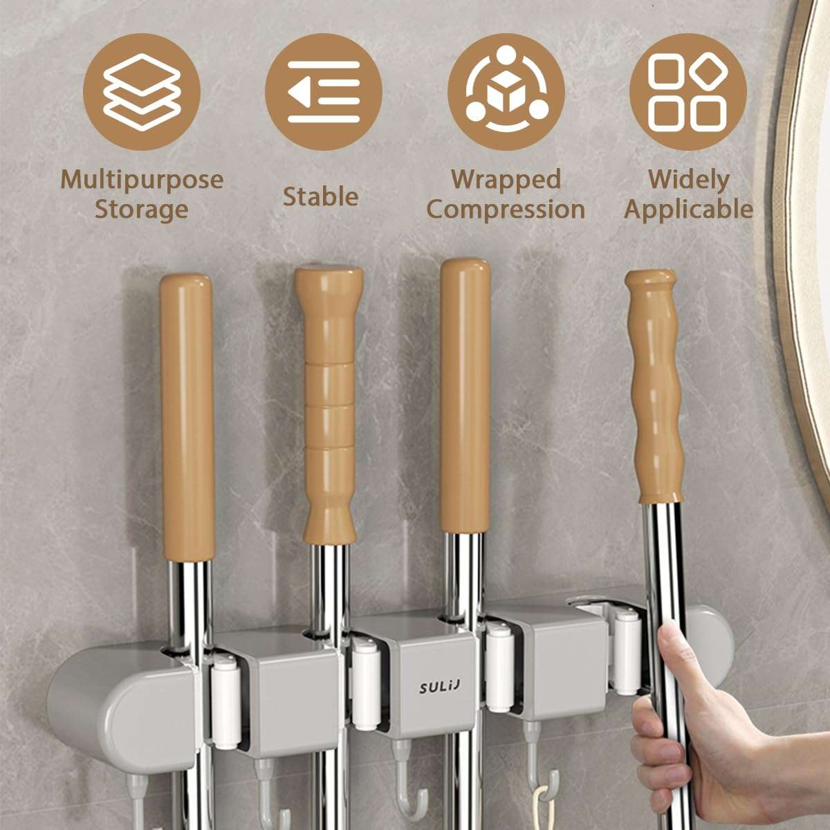 6PCS 4 Racks and 5 Hook Broom Mop Holder with Hooks Wall Mounted Broom Storage Rack No Drilling Self-Adhesive Mop Broom Organizer Mop Holder Hanger for Bathroom Office Kitchen Closet Garage,Gray 5