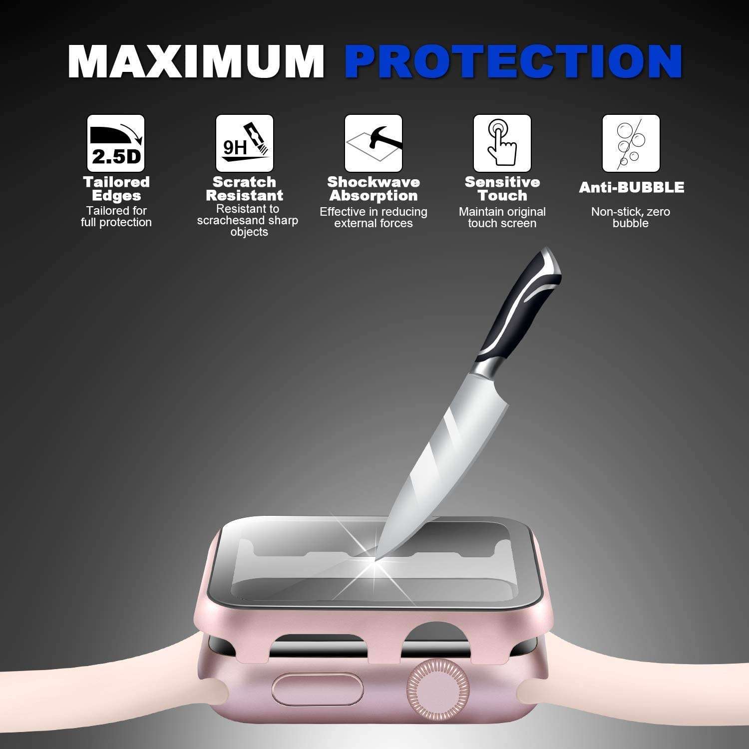 TempGlow Case Bumper Cover with Built-in 9H Tempered Glass Screen Protector Compatible with Apple Watch 38mm Series 3 Series 2 Series 1 Edge-to-Edge 360 Degree Smart Defense - Black Matte 2