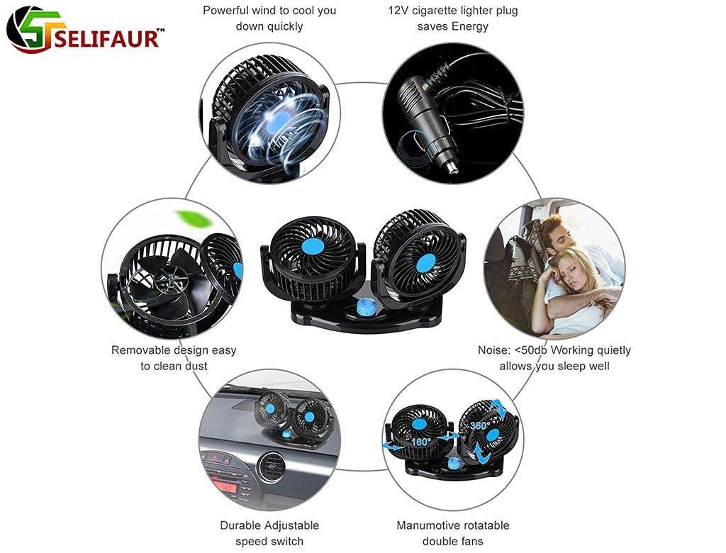 Selifaur - Mitchell 12V DC Electric Car Fan for Dashboad 360 Degree Rotatable Dual Head Car Auto Cooling Air Fan for - Lexus GX 6