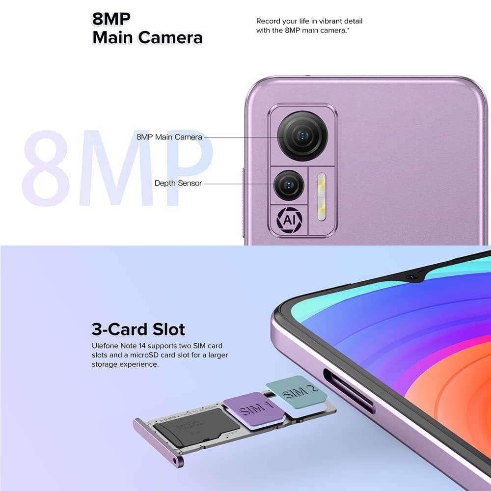 Ulefone Note 14 Unlocked Cell Phone 2023, Android 12 3GB+16GB, Triple Card Slots 6.52" Waterdrop Screen, Dual SIM 4G, 8MP+5MP Dual Camera, 4500mAh Battery GSM Smartphone, Face Unlock, GPS, US Version 5