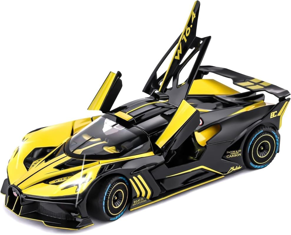 RJKD New 1:24 Bugatti Bolide Alloy Die-Cast Metal Car Pull-Back Action with Openable Doors Realistic Sound and Light Effects Car for Kids - Yellow 1