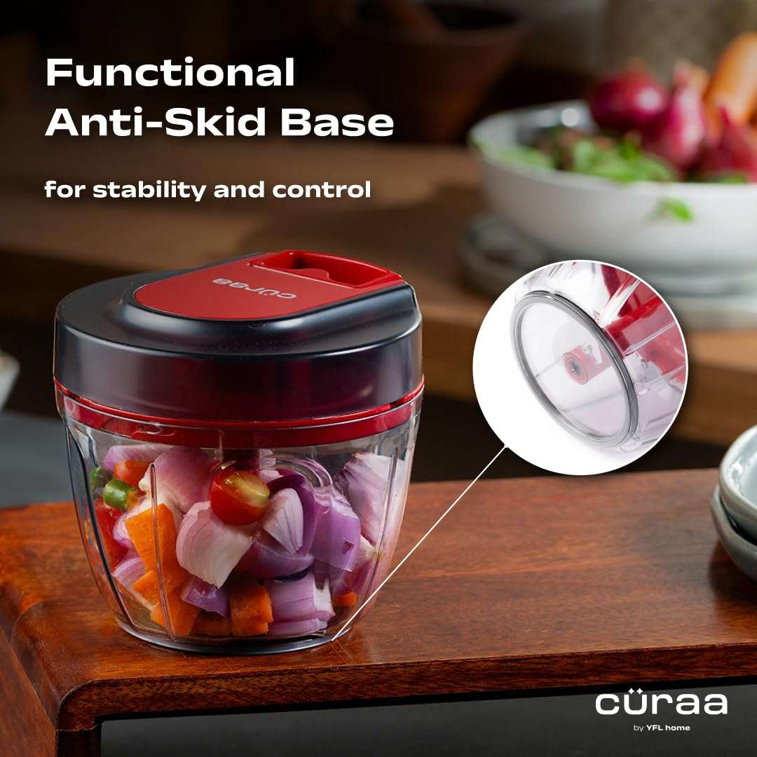 Cüraa ChopLab Lite Manual Chopper | 650 ml Portable Vegetable Chopper| Mini Chopper for Kitchen with Stainless Steel Blades for Chopping Onion, Ginger, Garlic, Vegetables, Herbs, Nuts | Red 5