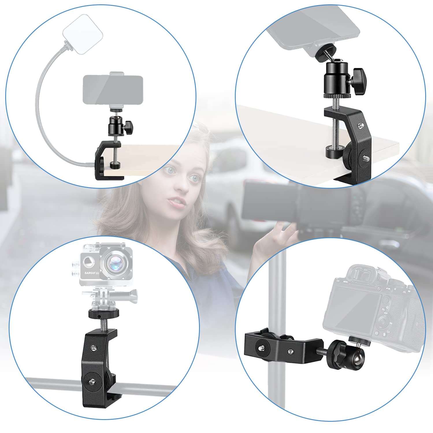 SLOW DOLPHIN 2Pcs Photography C Clamp with Tripod Head, Adjustable Aluminum Alloy Clamp for Desktop, 2Pcs 360° Mini Ball Head Mount Camera Hot Shoe with 1/4” Thread for DSL Camera,Monitor 6