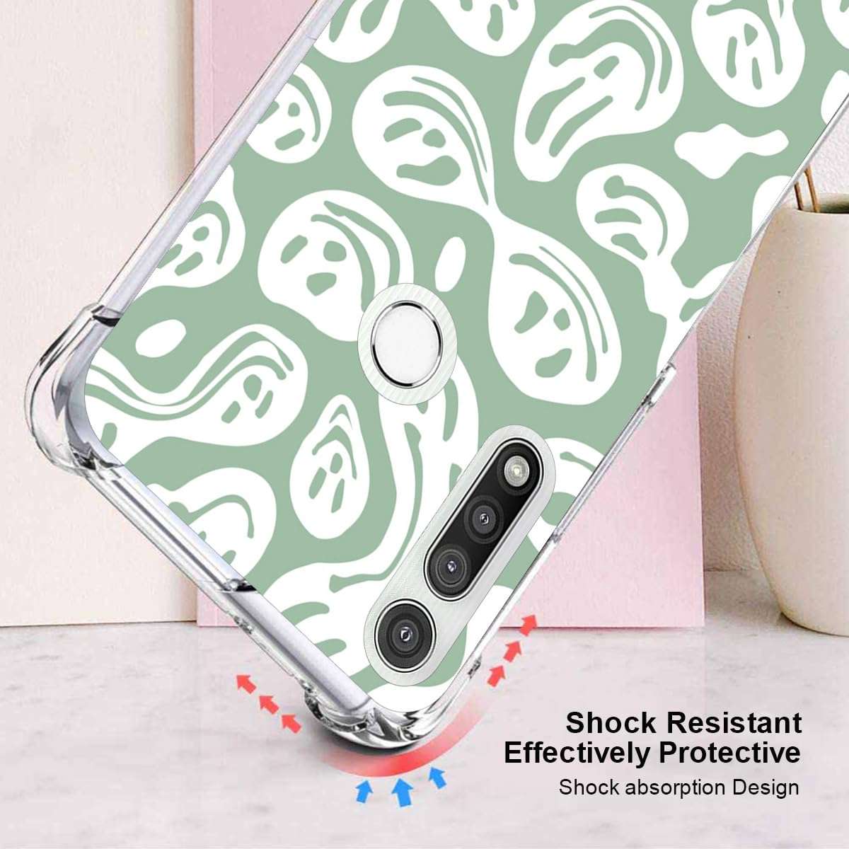 zaztify Phone Case for Motorola Moto G Fast, Pastel Green White Funny Trippy Dripping Smile Melted Hippie Smiling Skull Ghost Face Cute Shockproof Protective Soft Clear Cover Shell 4