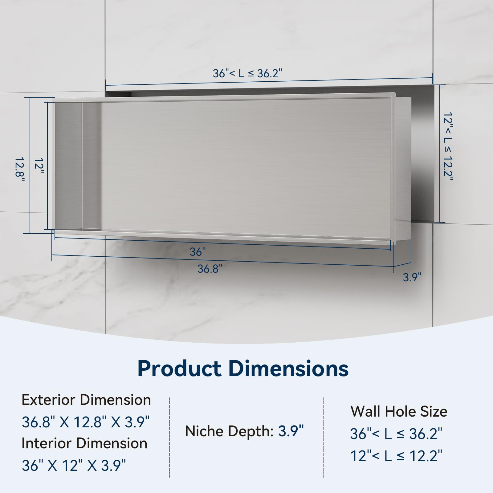 BATHFINESSE 37" X 13" Shower Niche Insert Tile Ready, Wall Niche for Livingroom Bathroom, Long Shower Niche, No Tile Needed Over Mount Installation, Brushed Nickel 4