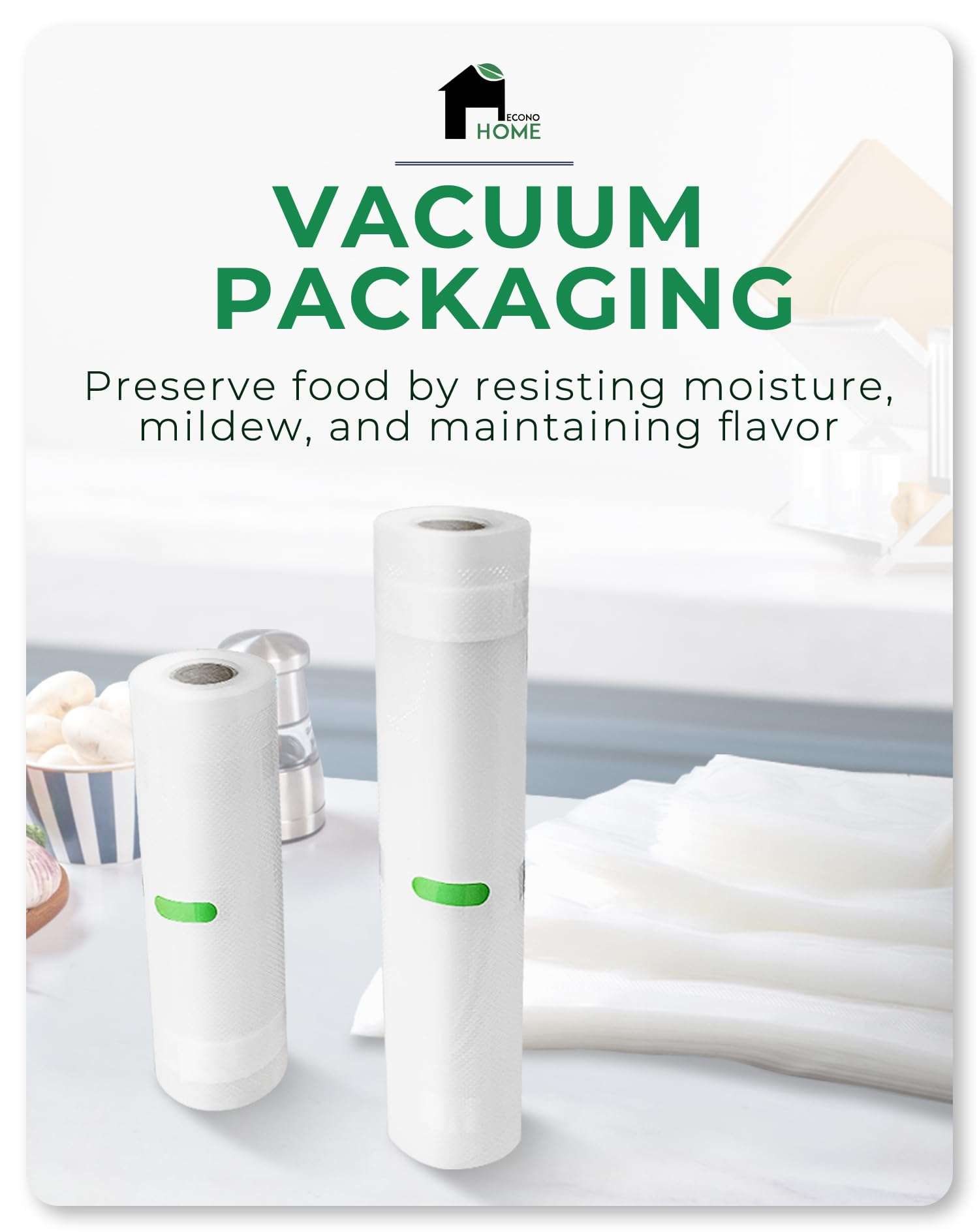 EconoHome Heavy Duty Vacuum Seal Bags for Food - Commercial-Grade, Airtight & Leakproof Plastic Vacuum Storage Bags for Sous Vide, Meal Preparation, Processing & Dry Aging Meat - 11"x20' Roll, 8 Pack 3