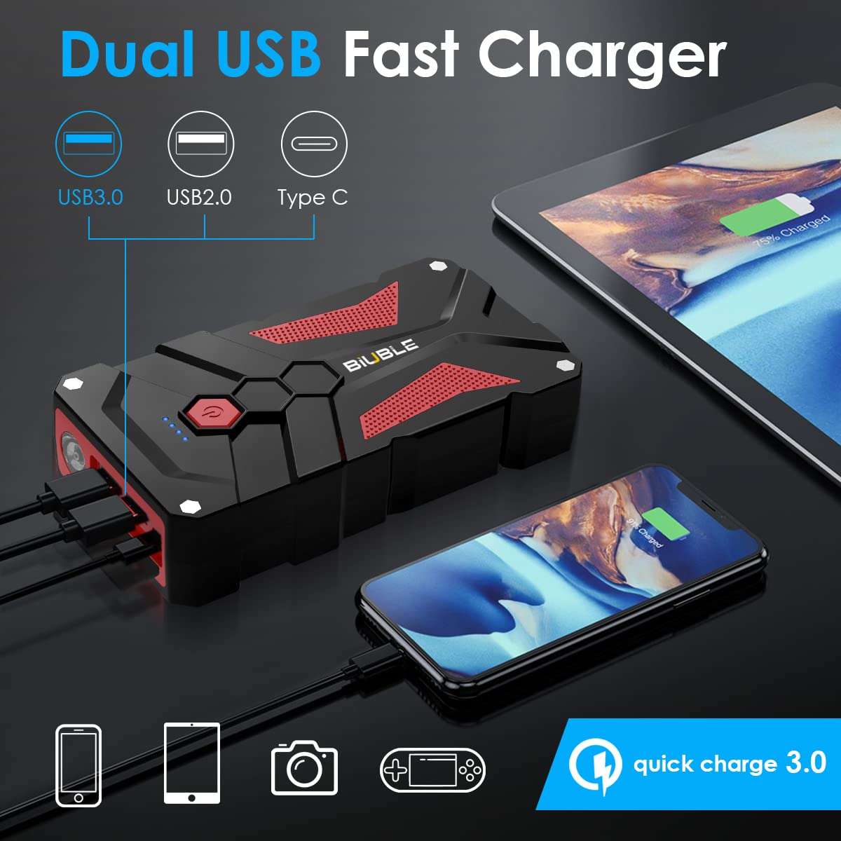 BIUBLE Jump Starter 12V Car Jump Starter 5000A Peak 21800mAh Auto Battery Booster Pack with USB Quick Charge 3.0,Lithium Jump Box with LED Light(Up to 8L Gas or 6.5L Diesel Engine) 4