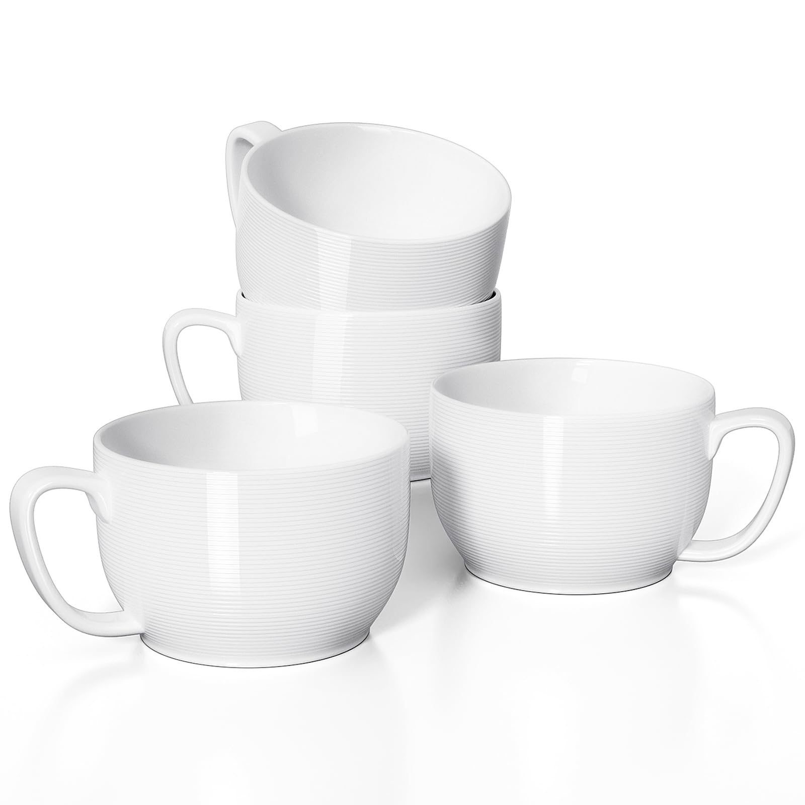Teocera Soup Mugs with Handles, White Coffee Mugs Set of 4, Large Soup Cups - Striped Design - 24 Ounce Porcelain Jumbo Mugs Bowls for Coffee, Oatmeal, Hot Cocoa, Cereal 1
