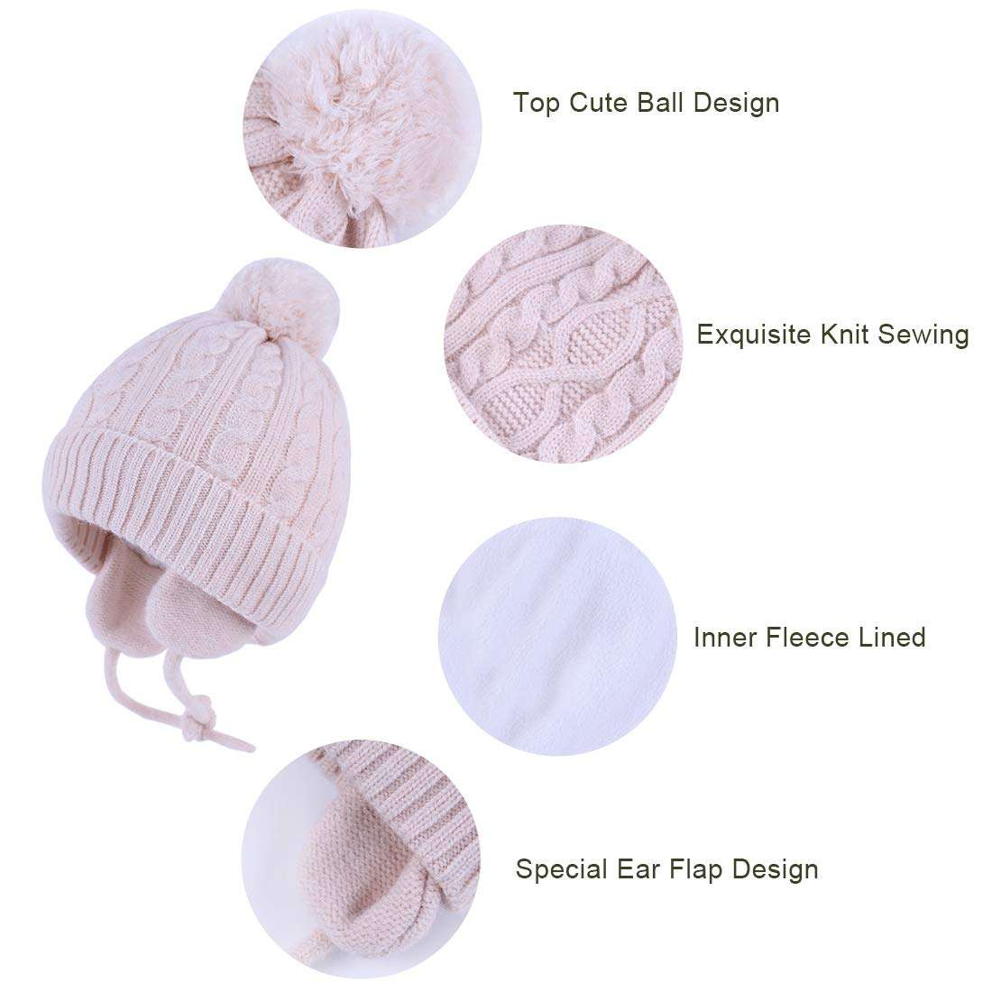 Durio Baby Hat Knit Winter Hats Toddler Beanie Hat Fleece Lined Thick Infant Baby Beanies Baby Boy Girl Hats Beige Small (Fits 0-2 Years) 3