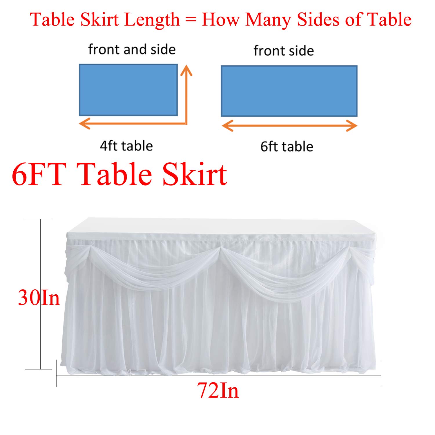 6FT White Tulle Table Skirt Tutu Table Skirting With Satin Double Drape for Rectangle Table or Round Table for Wedding,Birthday Party,Baby Shower (L72inH30in) 2