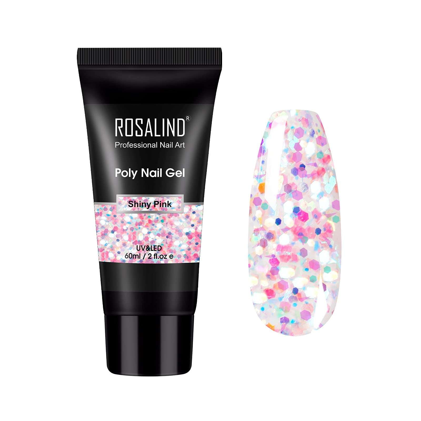 Shiny Pink Glitter Poly Extension Gel, ROSALIND 60ml Poly Nail Gel for Nail Art Decoration, Nail Thickening Extension Easy to DIY Use at Home Need UV Lamp (Update Version) 1