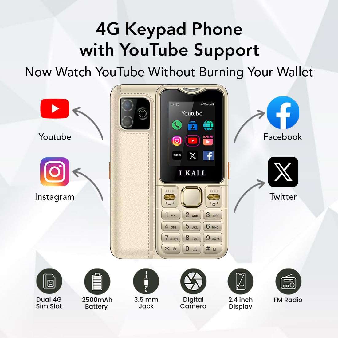IKALL I9 4G Keypad Feature Phone | 2.4" Display, 2500mAh Battery, Type-C Charging | Dual SIM, Bluetooth | Pre-Loaded Facebook & YouTube Apps (Golden) 3