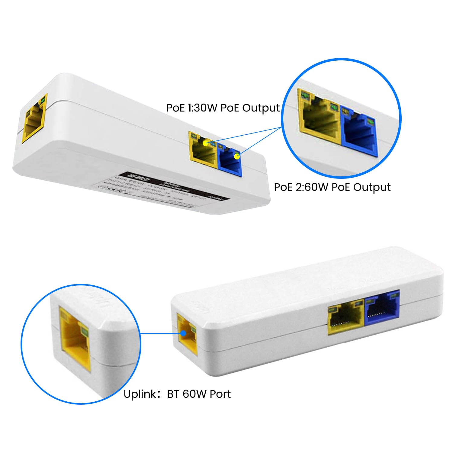 OHBET 2 Port PoE Extender 100Mbps, IEEE 802.3 af/at PoE Repeater, 1 PoE in 2 poe Out poe Splitter, Plug and Play, Wall Mount POE ethernet Repeater for Security Systems IP Camera (2 Port) 5