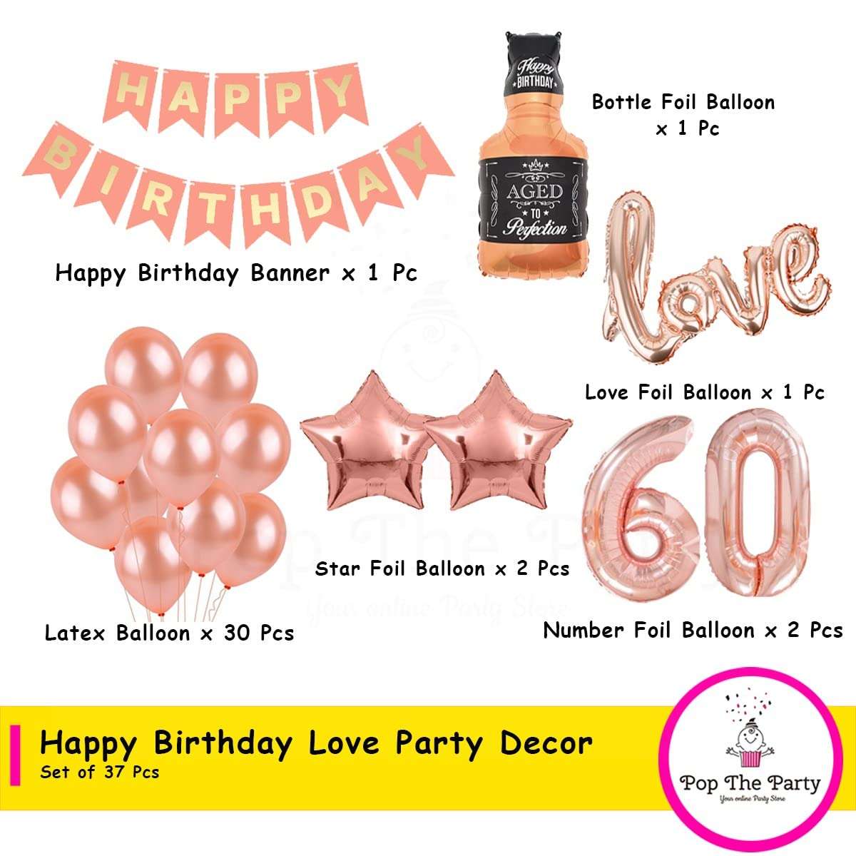 Pop the Party 60th Birthday Decoration Set with Banner, Love, Star, Latex,60 Digit and Aged to Perfection Balloon 3
