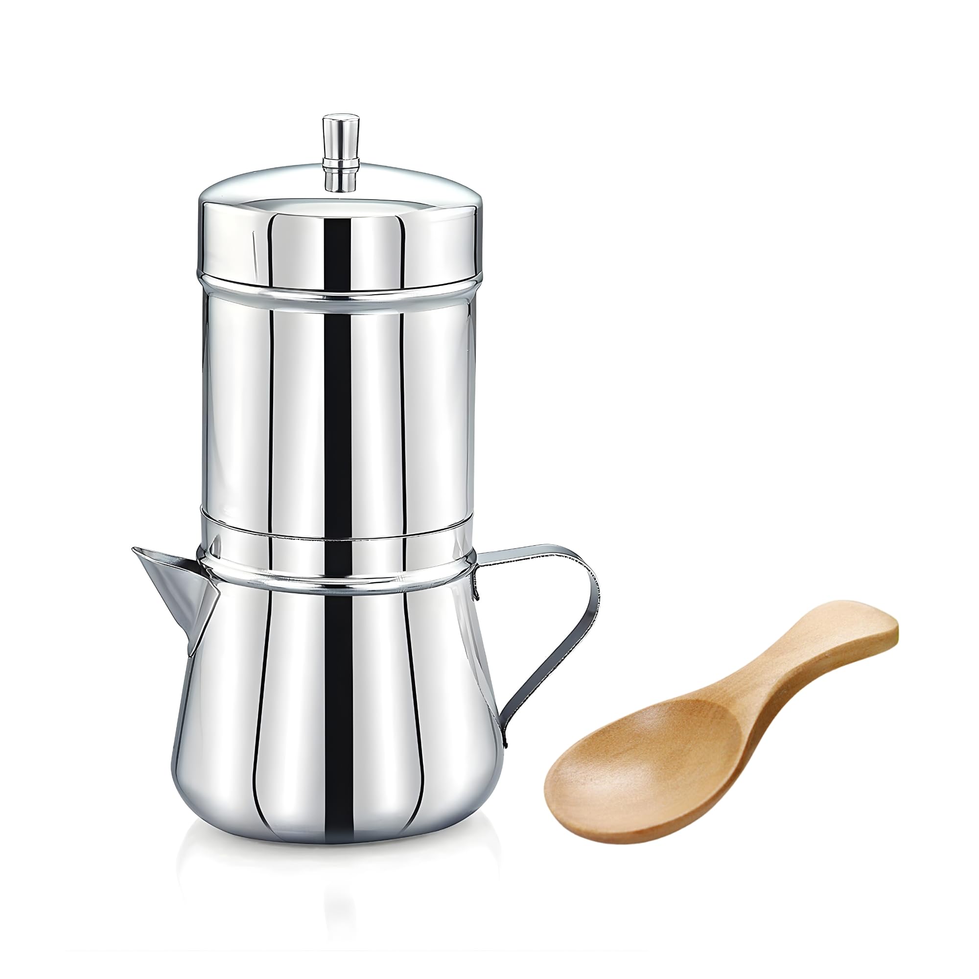 NOHUNT Stainless Steel Traditional South Indian Coffee Filter Maker with Free Wooden Spoon, Silver, Drip Coffee Decoction Pot, 304 Grade, Corrosion and Crack Resistant (Without Handle, 250 Ml)