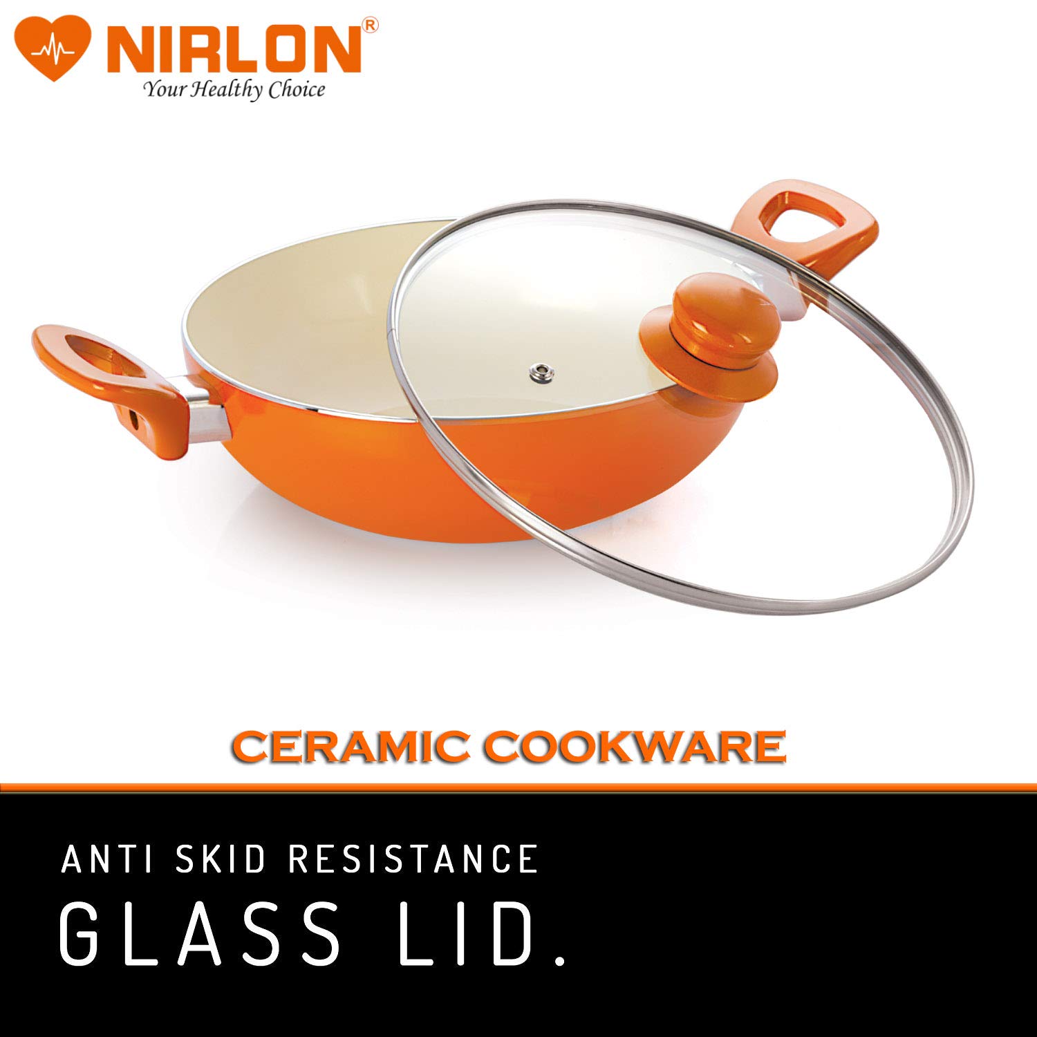 Nirlon 4 Layer Ceramic Non-Stick Induction Cookware 3 Pieces Combo Set (Grill Pan 1.5 Liter, Deep Kadhai 2.4 Liter & 3 Liter) Orange Colour 4
