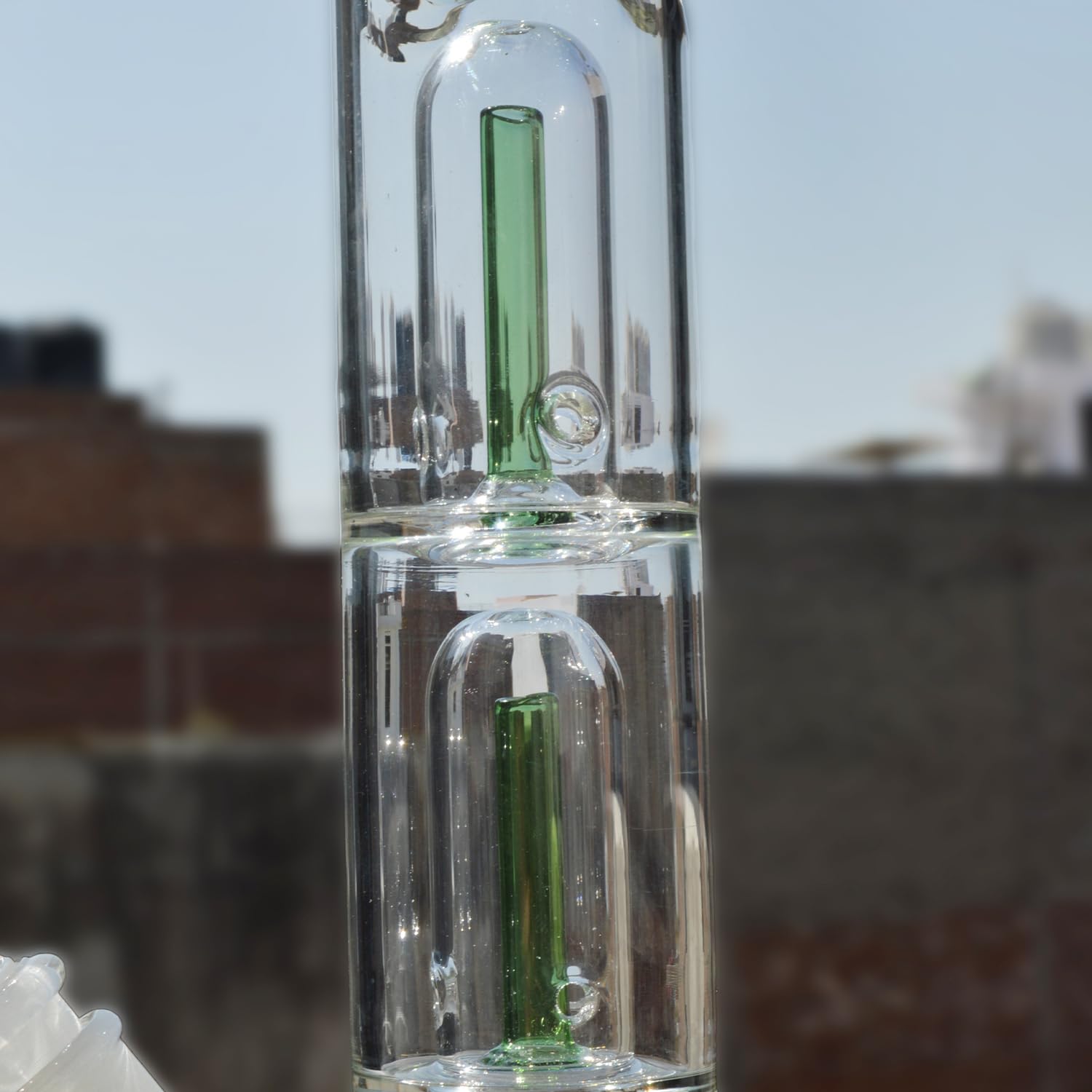 AL - Rasta Borosilicate Glass Banta Double Percolator Bong (16 Inch 50mm) + Free Glass Filters + 1 Brush + 1 Down Stem + 1 Herb Cap + Bong Cap Silicone Plug 4