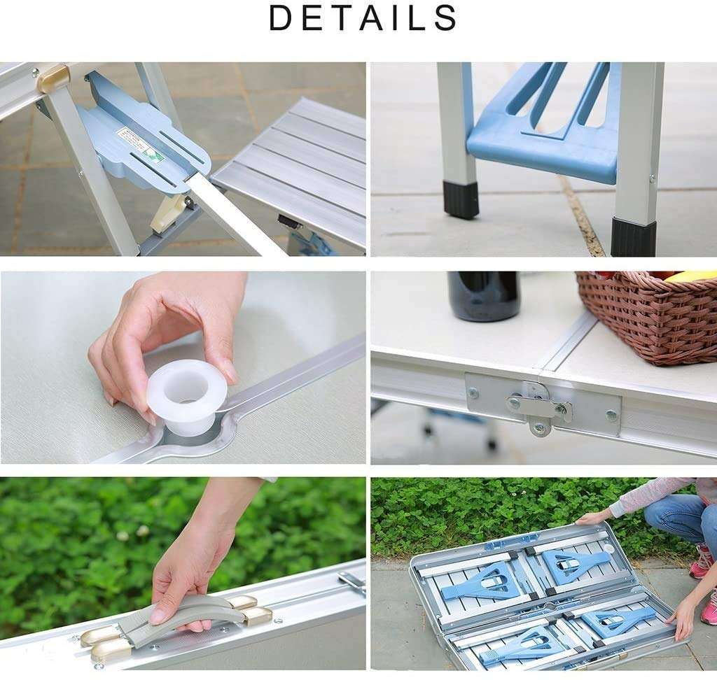 BLUE SPACE Aluminium Alloy Outdoor Camping Picnic Table, Integrated Folding Table with Umbrella and Inbuilt 4 Chair Set, Dining Table for Home & Outdoor 4