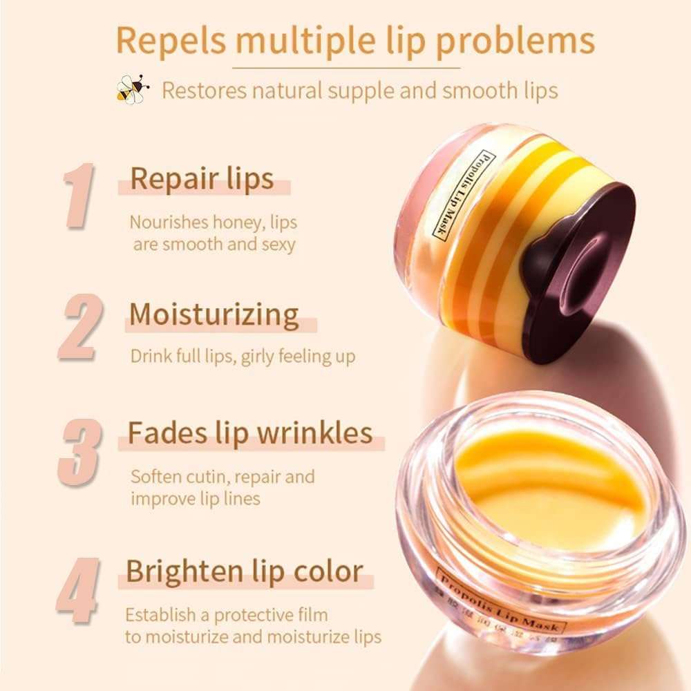 Bee Lip Balm Honey Pot, Fruit Moisturizing Propolis Lip Mask, Lip Mask Overnight Propolis Moisturizing Lip Balm Hydrating Prevention Dry and Crack Lip Scrubs Exfoliator Lip Care Products (2PCS C) 5