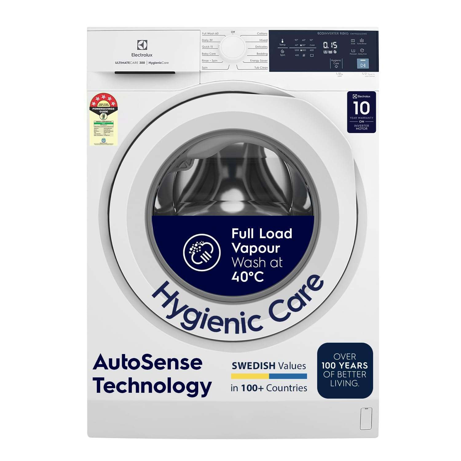 Electrolux 9kg 5 Star EcoInverter Fully Automatic Front Load Washing Machine, Full Load Vapour Wash for Sustainable Clothing, Hygienic Care, White, UltimateCare 300, EWF9024D3WB 1