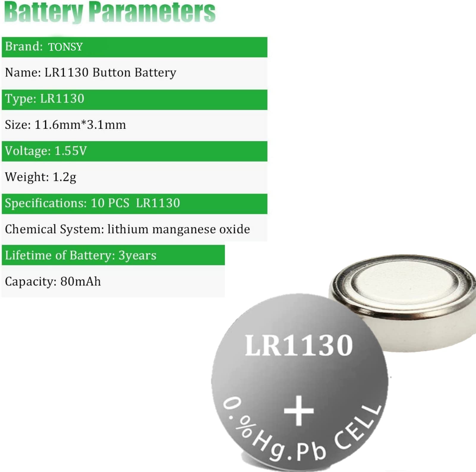 TONSY AG10 / G10-A Battery, 1.5V Button Cell (AG10, SG10, LR54, SR54, LR1130, SR1130) Watches Alkaline Button Coin Cell Batteries, Pack of 30 3