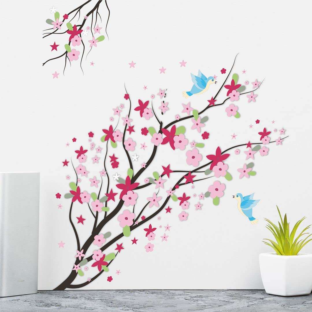 CVANU Colorful Flowers on Branch with Little Birds PVC Vinyl Wall Sticker for Wall Decoration Size(90cm x 90cm)_cv9 5