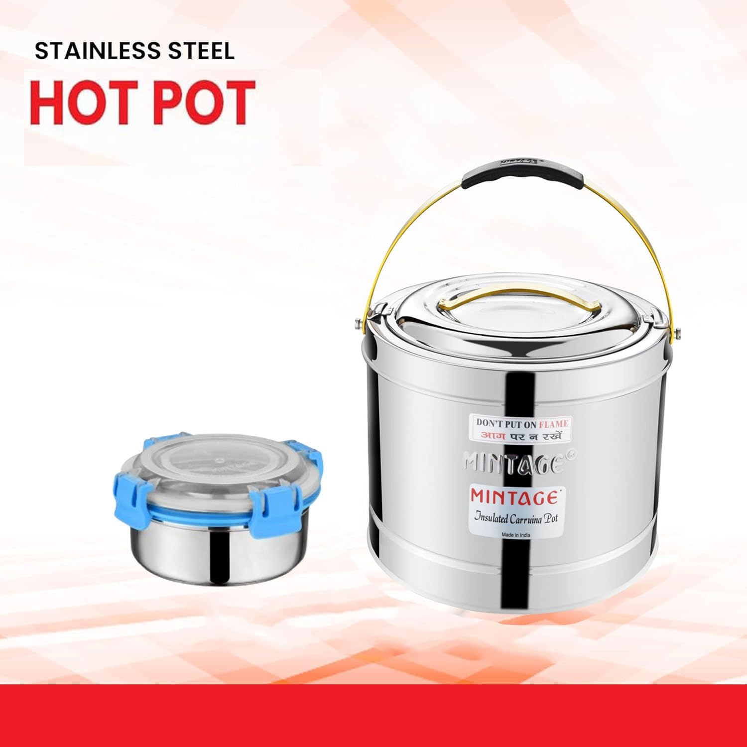 Mintage Stainless Steel Sambar Pot 5L with Free 200ml Leakproof Lunch Box Insulated Hot Pot Casserole for Cooking Durable Container Ideal for Indian Cooking Hotel Restaurant Canteens Travel Picnic 5