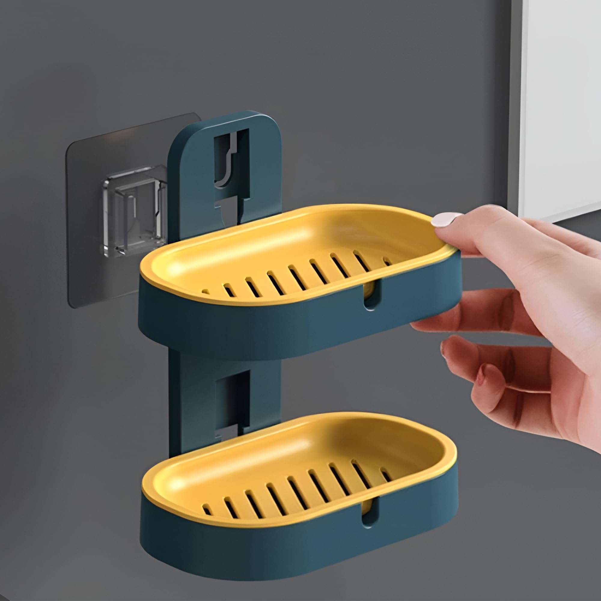 IBELL Wall Mounted Double Layer Soap Dish Holder with Drain Tray, Self Adhesive No-Drill Soap Stand for Bathroom & Kitchen | Plastic Soap Holder (10 x 15) cm 1