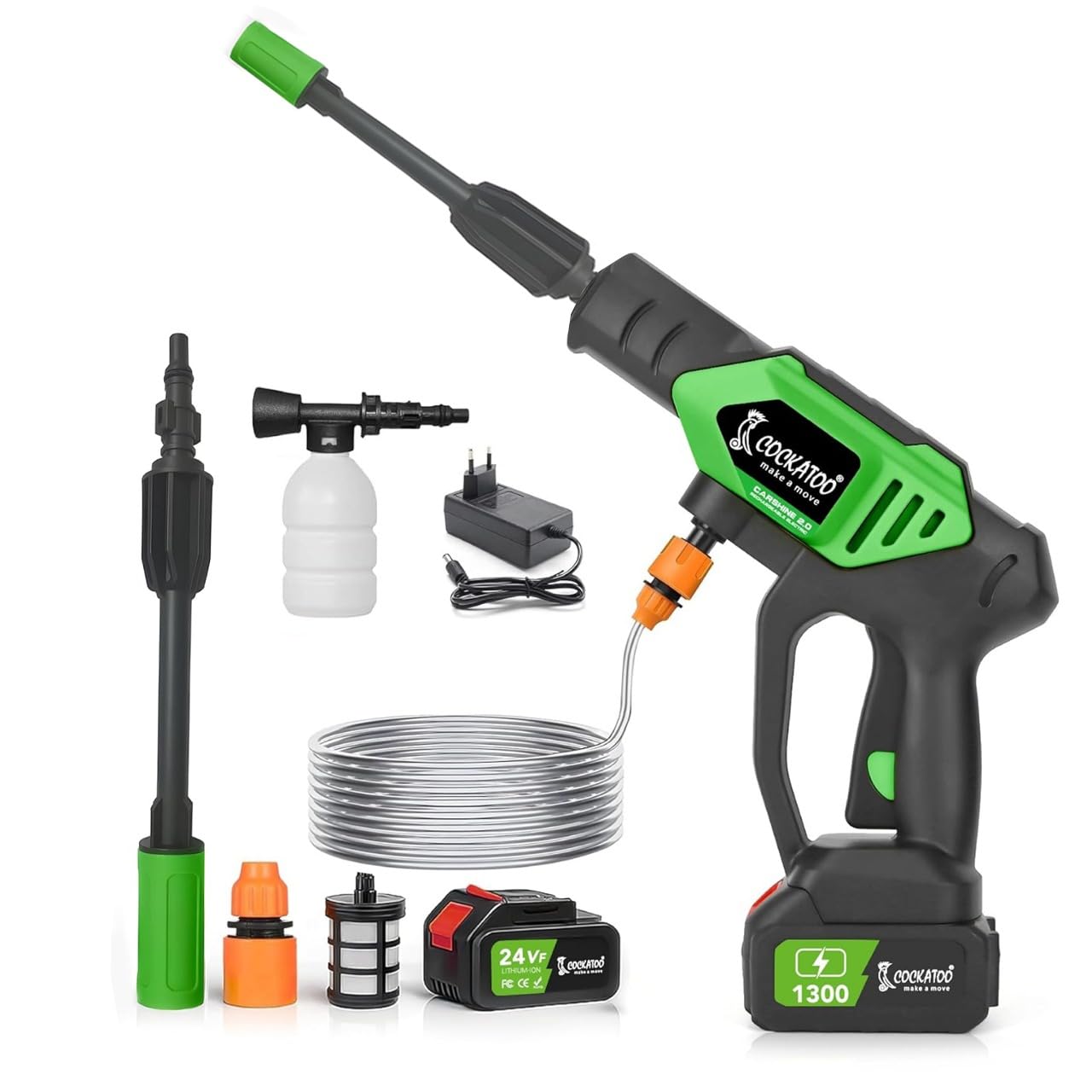Cockatoo CarShine1.0 Rechargeable Pressure Washer Gun 21V Double Battery 10 Bar Pressure 4L/min Flow Portable Car Bike Garden Cleaner Aluminium Motor Foam Bottle Cordless High Pressure Cleaner 1