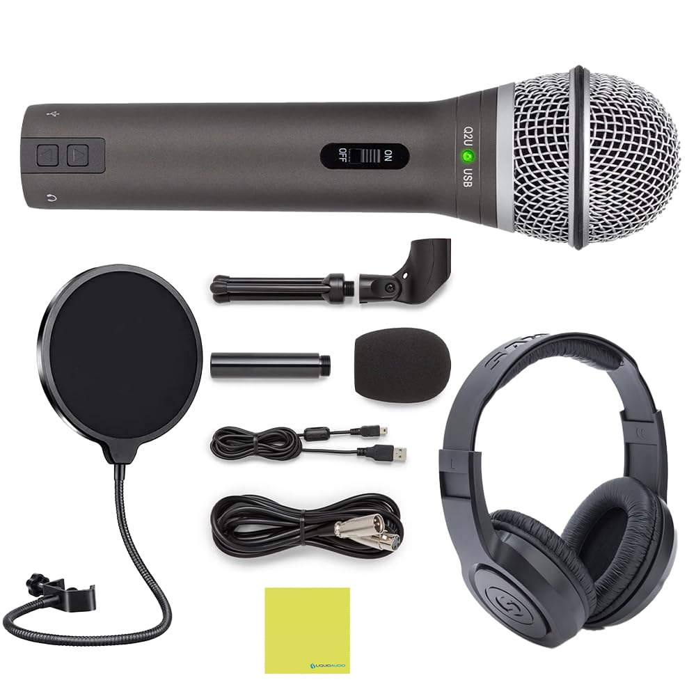 Samson Q2U USB/XLR Dynamic Microphone Bundle with Over Ear Samson Stereo Headphones SR350, Pop Filter, Desktop Tripod, Mic Clip a Windscreen, USB Cable, XLR Cable & Polishing Cloth