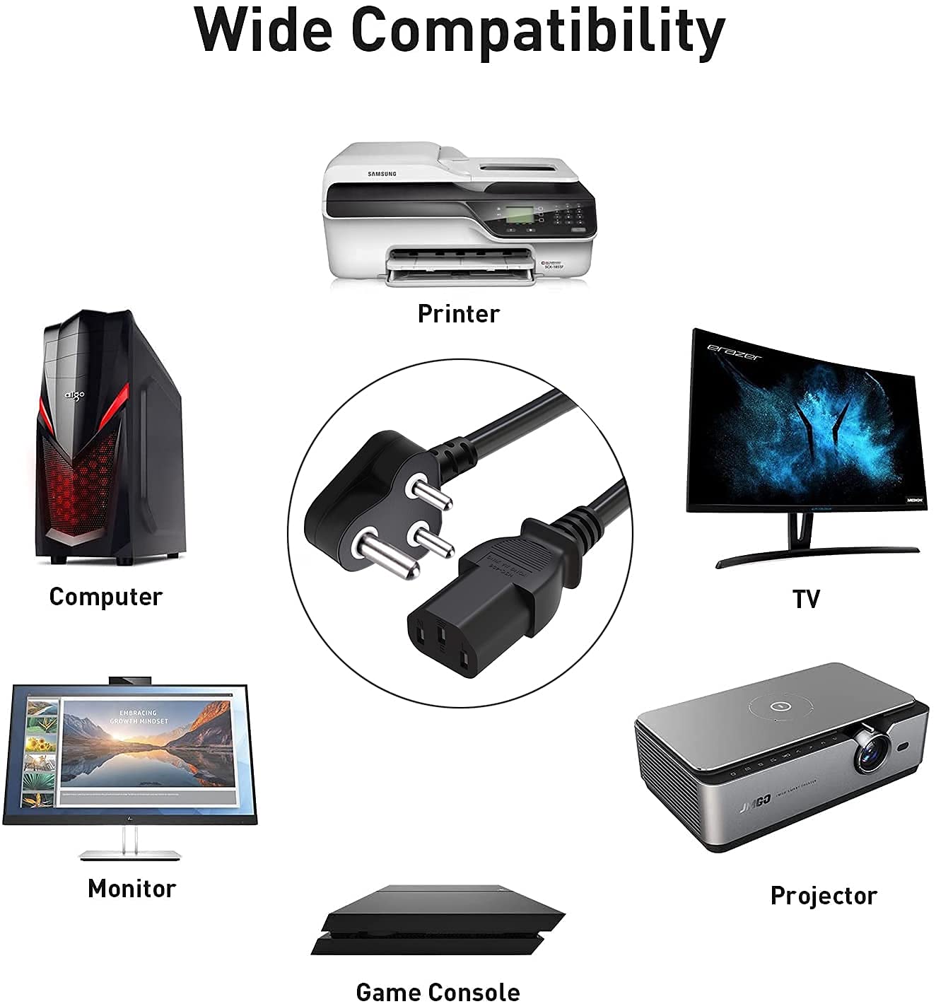 WeFly Power Cord 1.8M Replacement Power Cable, India Plug IEC Computer Mains Power Cable Cord for Desktop 3 pin Power Cable for PC Power Cable for Monitor SMPS and Printer, Power Supply, TV 4