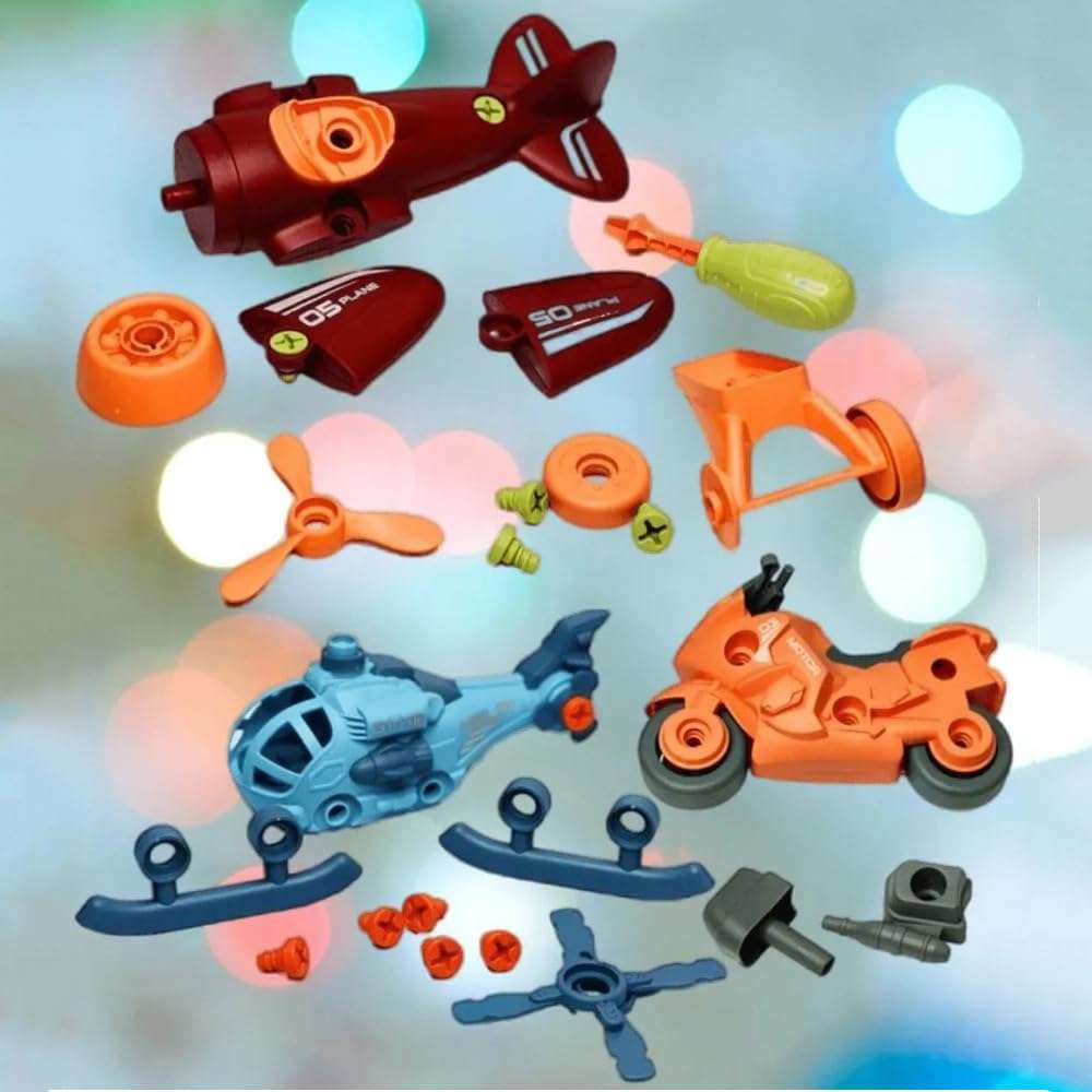 DUWOL DIY Police Vehicle Play Set Toy 3 Pack Cars with 1 Screwdriver Tools, Kids Stem Toys Including 1 Helicopter, 1 Air Jet, 1 Sport Bike, for Toddlers Birthday Gifts for Boys 5