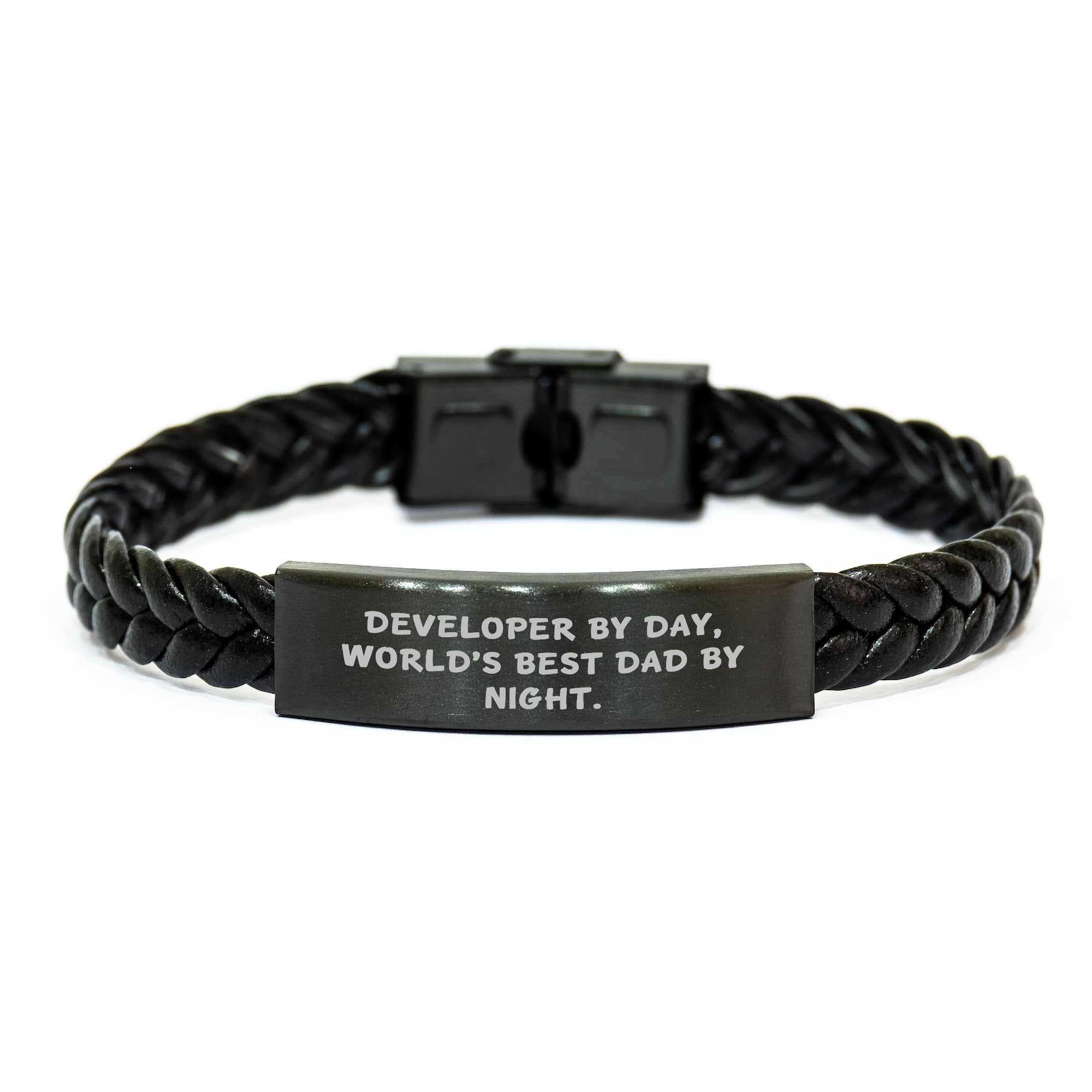 Developer by Day, World's Best Dad By Night Braided Leather Bracelet, Stainless Steel and PU Leather Combination, Gifts from Men to Developer, Birthday Unique Gifts