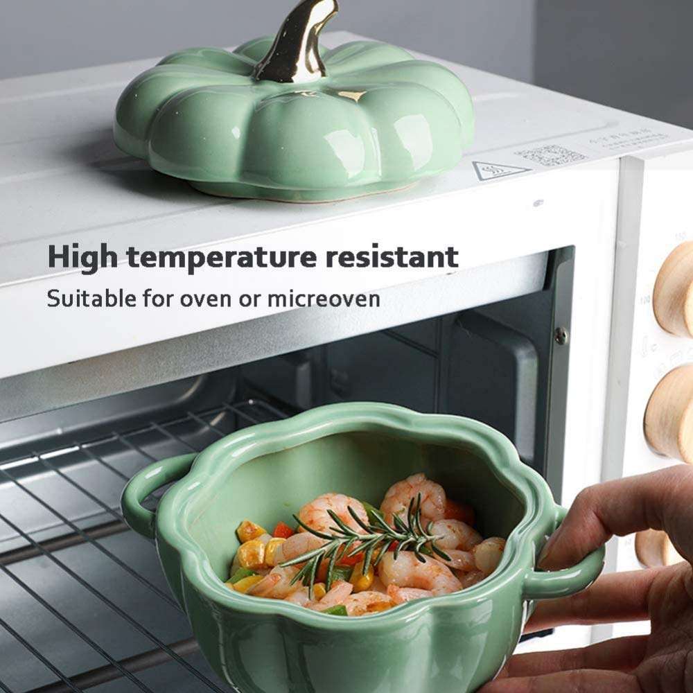 Mini Baking Dish Cute Pumpkin Bowl, Creative Personality Binaural Charcuterie Accessories Ceramic Baking Tableware Dessert Fruit Soup Bowl,-White Milk Pans Kitchenware (Color : Orange) (Green) 4