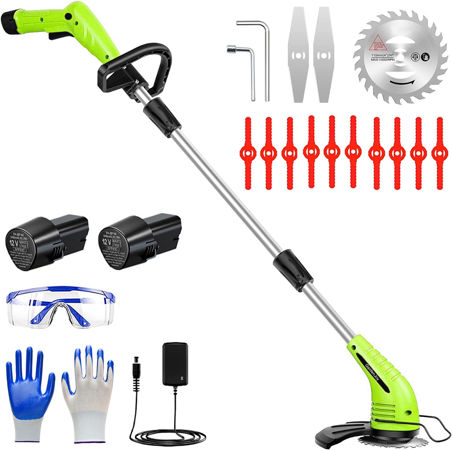GardenJoy Weed Wacker Battery Operated: 12V Cordless Grass Trimmer with 2Pcs 2.0Ah Batteries, Fast Charger and 3 Types Cutting Blades, Portable Electric Lawn Trimmer for Garden Yard Weeding Work 1
